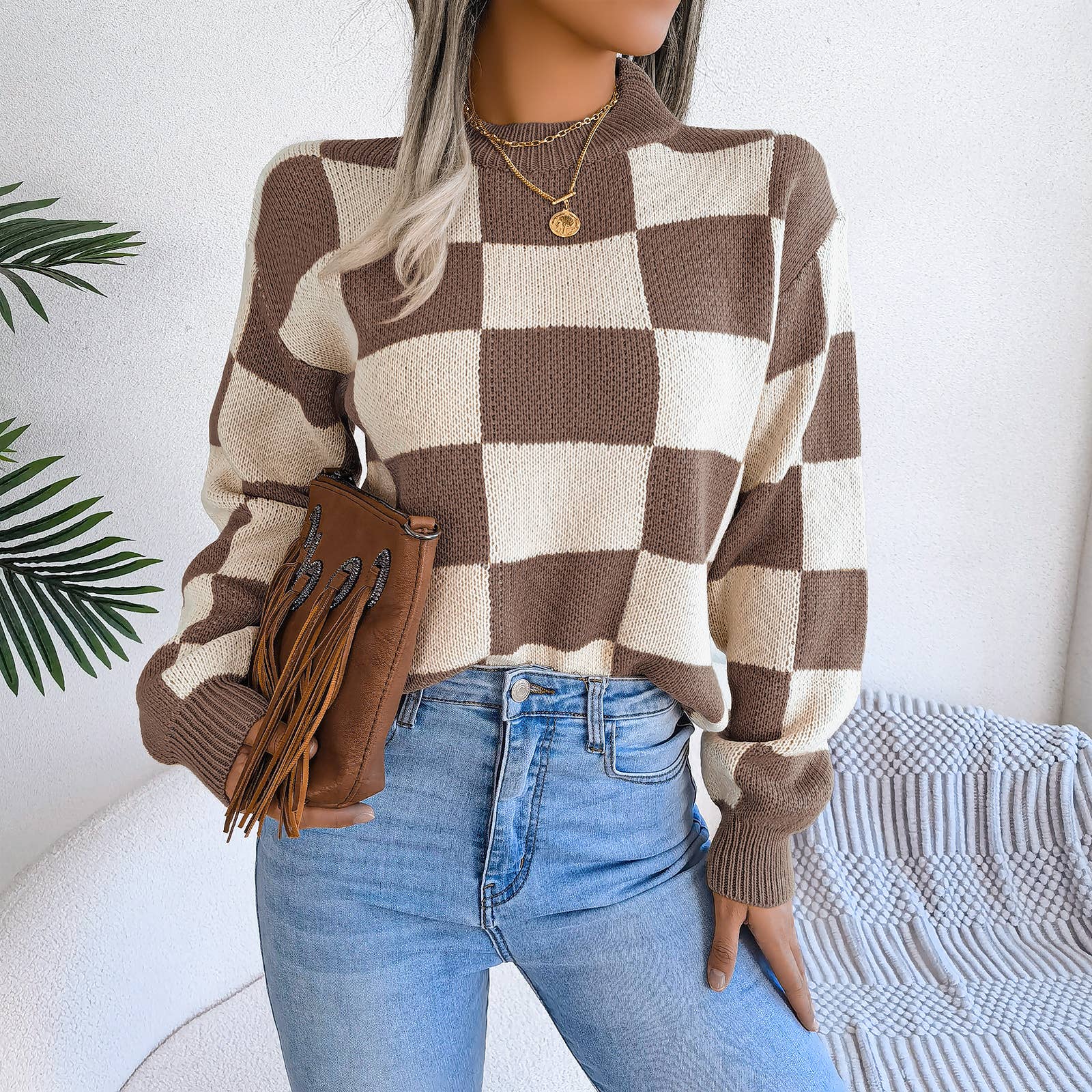 HIDDENBRAND - Wholesale Knit Sweater - Women's - Contrast plaid pullover knit sweater19