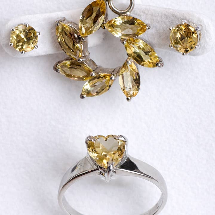 Echte Edelsteen Citrien Hanger Ketting Oorbellen Ring Set voor wholesale door Glimmering Handmade