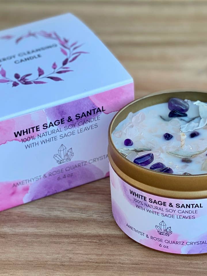 White Sage Candle w/ Amethyst, Rose & Clear Quartz Crystals for wholesale by Picki Nicki