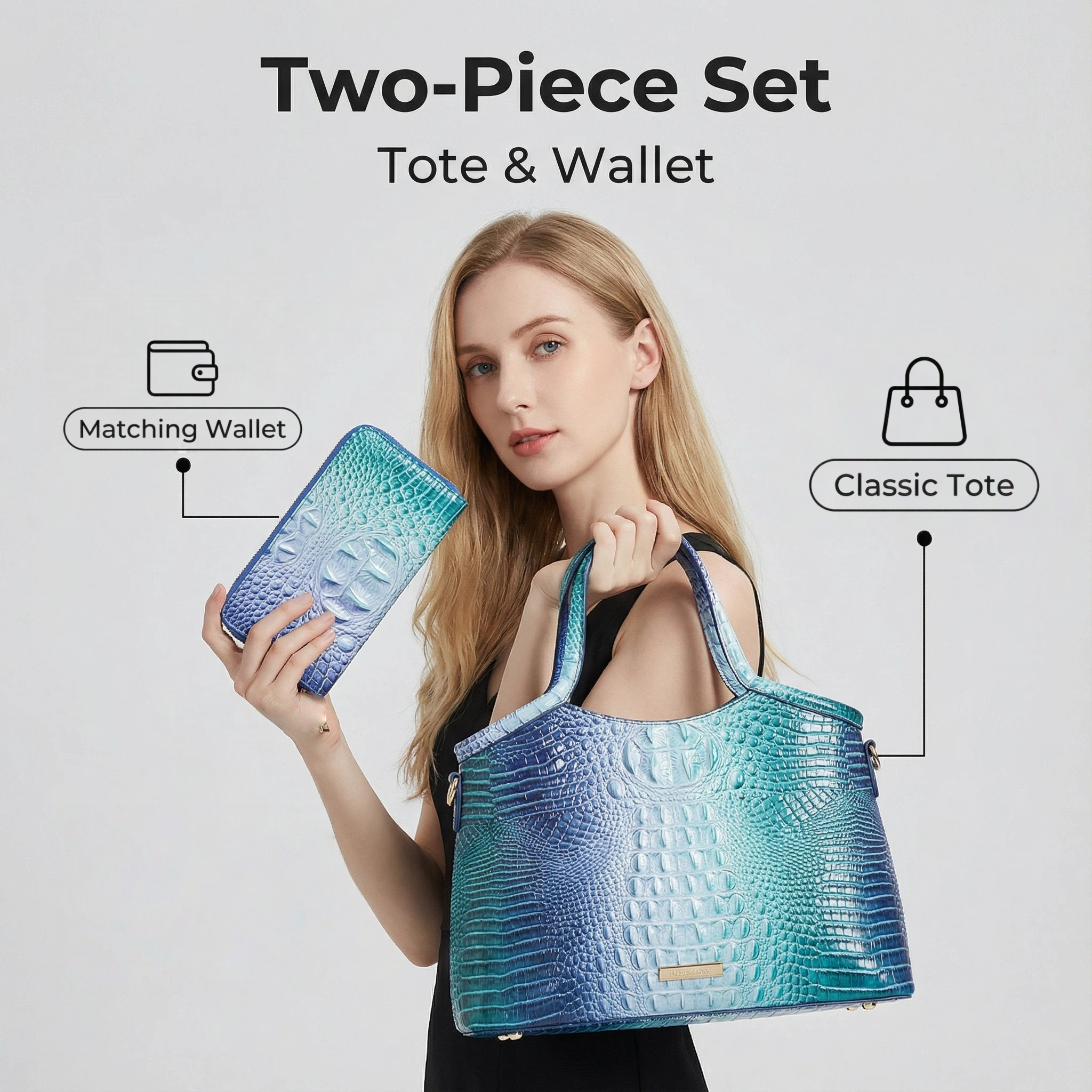 KAYLA+AVA – wholesale Axelremsväskor – Dam – Serendipity ombréhandväska med krokodilprägling och matchande plånbok7