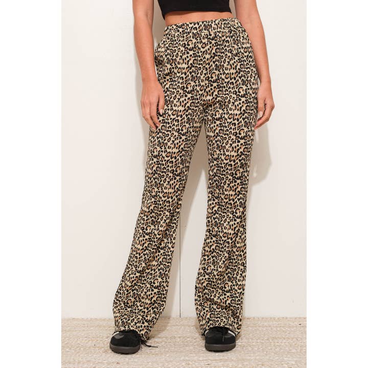 Leopard Print Flare Pants with Elastic Waistband for wholesale by Apolline