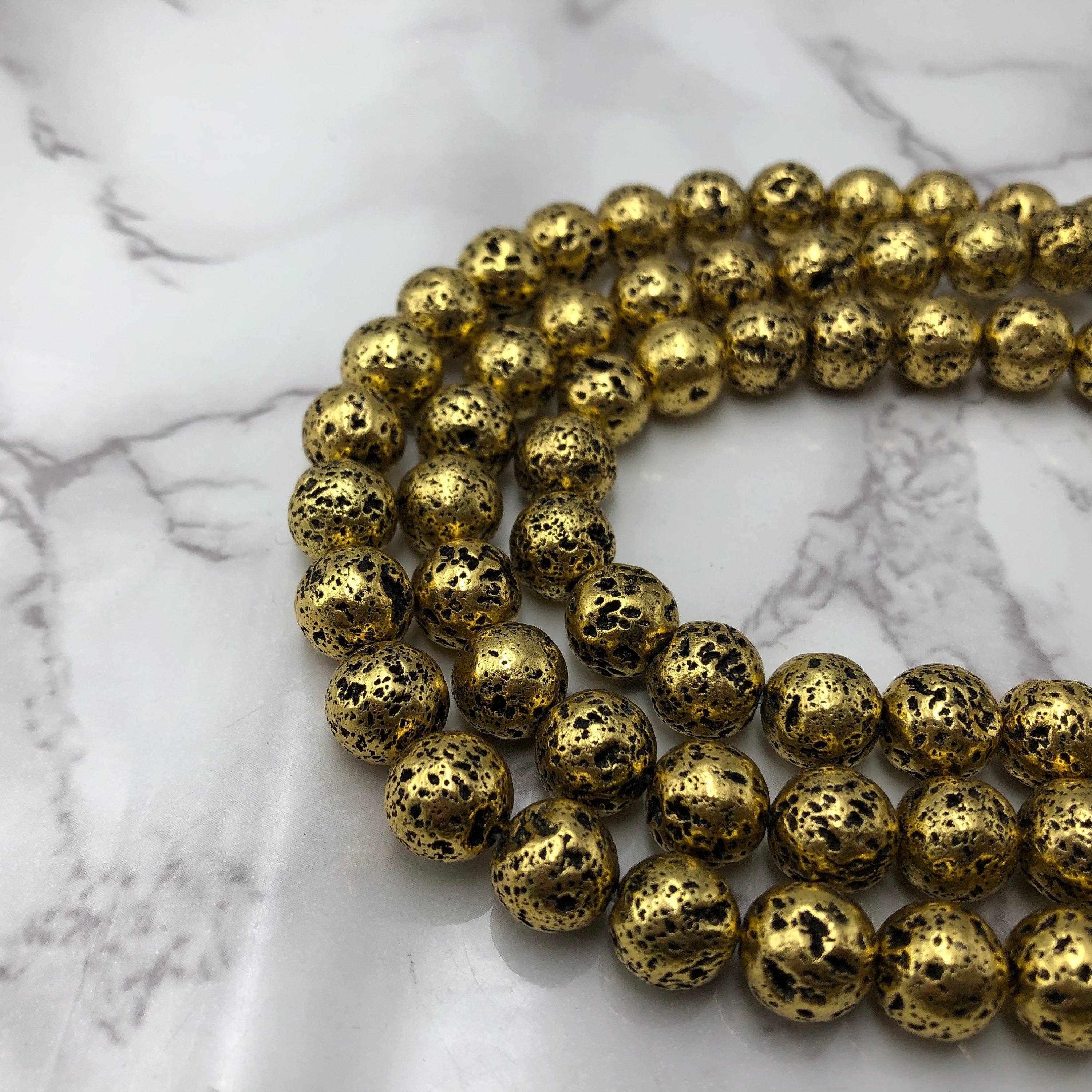 CRCBEADS - Wholesale Beads - Gold Coated Lava Rock Stone Beads 6mm 8mm 10mm 15.5" Strand1