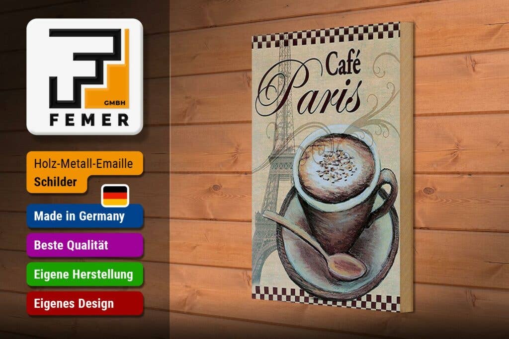 Femer – Großhandel Schilder – Holzschild Paris 20x30 cm Eiffelturm Kaffee Tasse Cafe Deko Schild wooden sign2