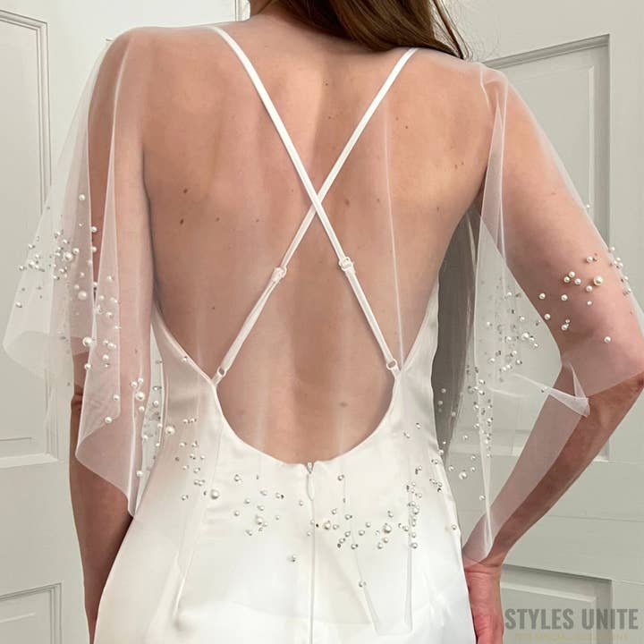 Wedding Shawl Rhinestone Pearls Bride Coverup Bolero Capelet for wholesale by StylesUnite