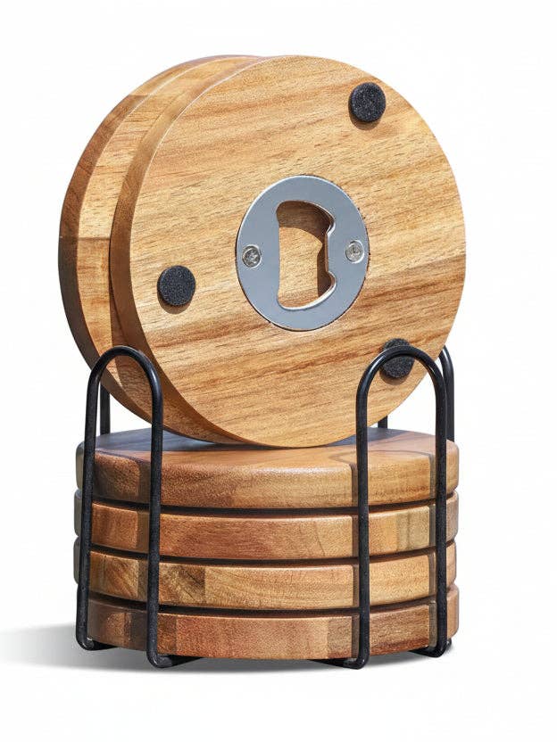 🪵 Juego de posavasos (4 piezas) de madera con abrebotellas (personalizable) para venta al por mayor de k3 shop