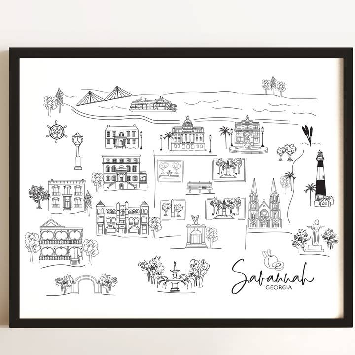 Croquis des points d'intérêt de Savannah, en Géorgie pour la vente par Simply Sketch Studio