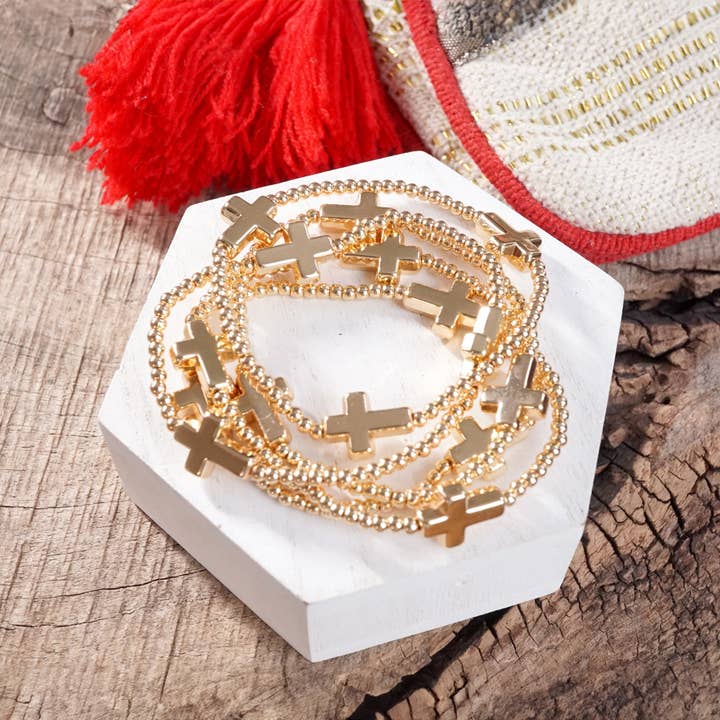 PennyLine inc - Wholesale Beaded Bracelet - Gold Tone Sideways Cross Bracelet Set – Stretchy Ball Beads, Set of 5