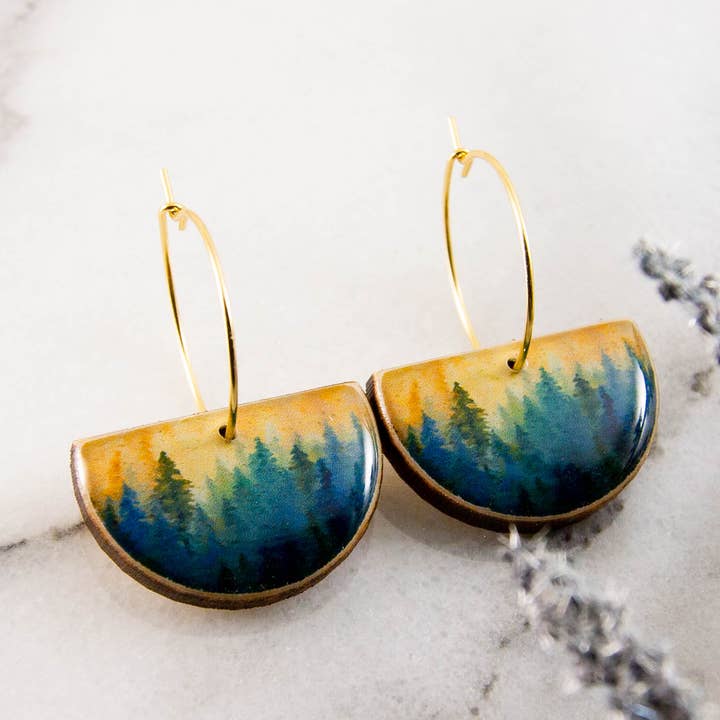 No Man's Land - Wholesale Dangle Earrings - Watercolor Forest Drop Hoop Earrings0