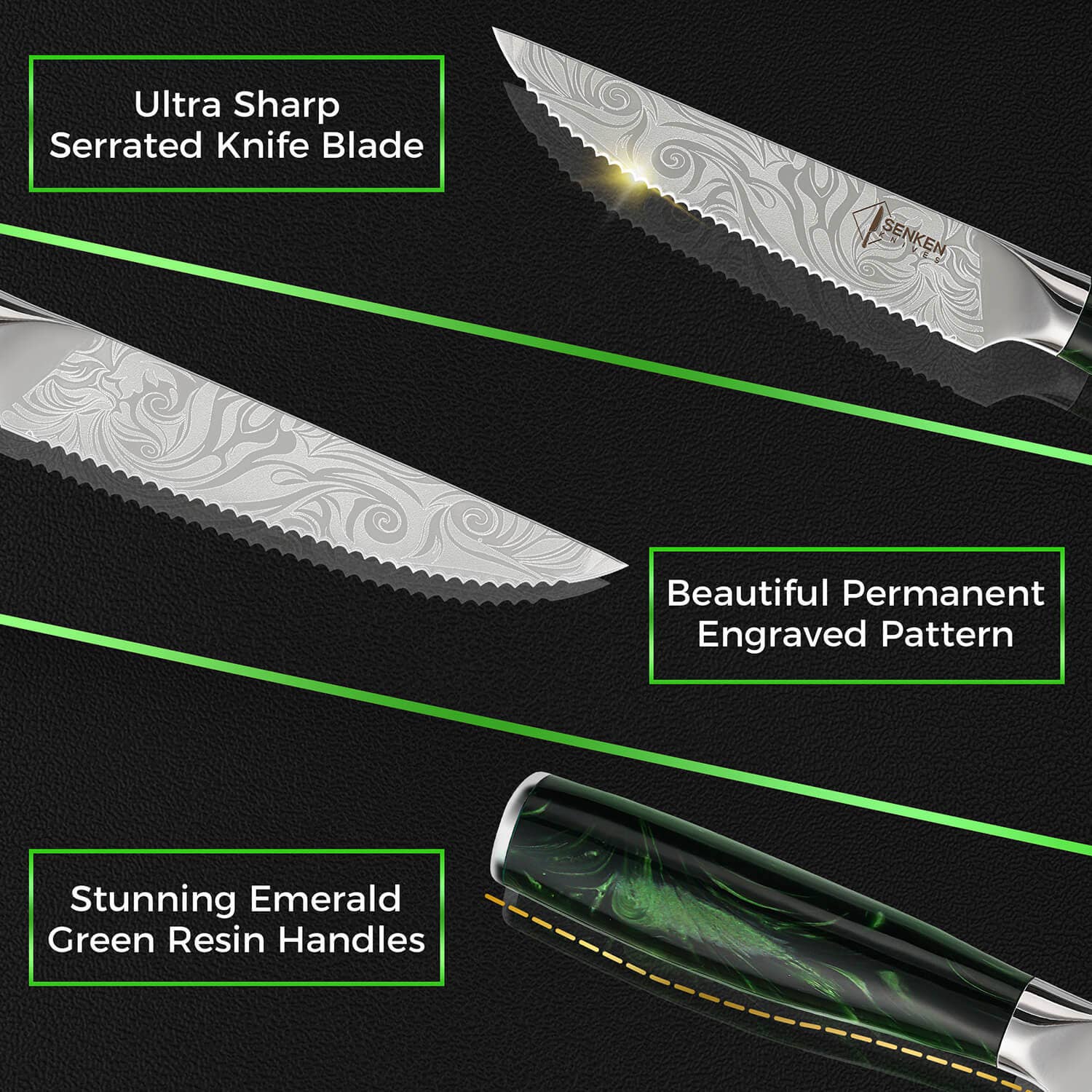 Senken Knives - Vente Sets de couteaux - Set de 6 couteaux à steak en acier à haute teneur en carbone "Wasabi" avec coffret cadeau5