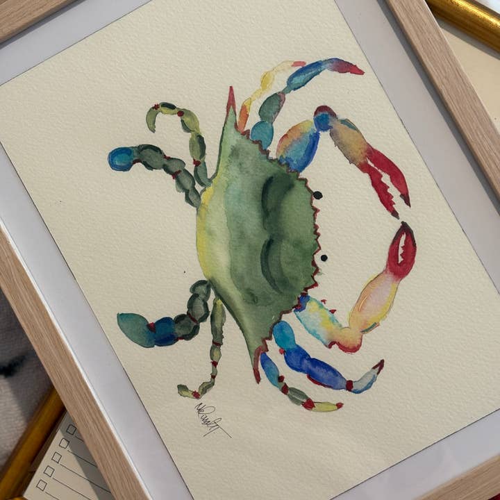Blå Krabbe Original Akvarelmaleri, Indrammet for engroshandel hos Paper Shells Studio
