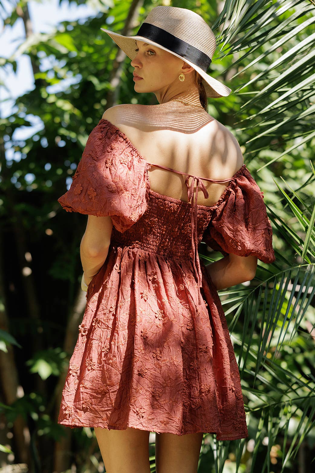 RUST YD5019 Embroidered Puff Sleeve Off-Shoulder Mini Dress for wholesale on Faire10