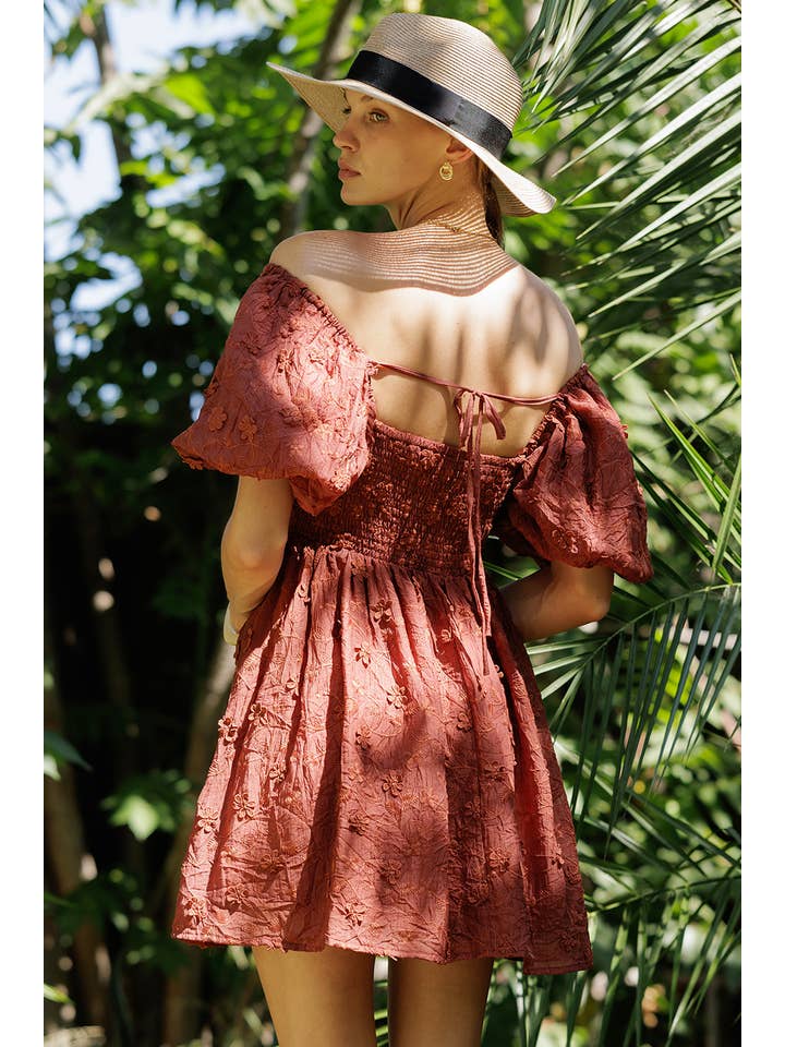RUST YD5019 Embroidered Puff Sleeve Off-Shoulder Mini Dress for wholesale on Faire10