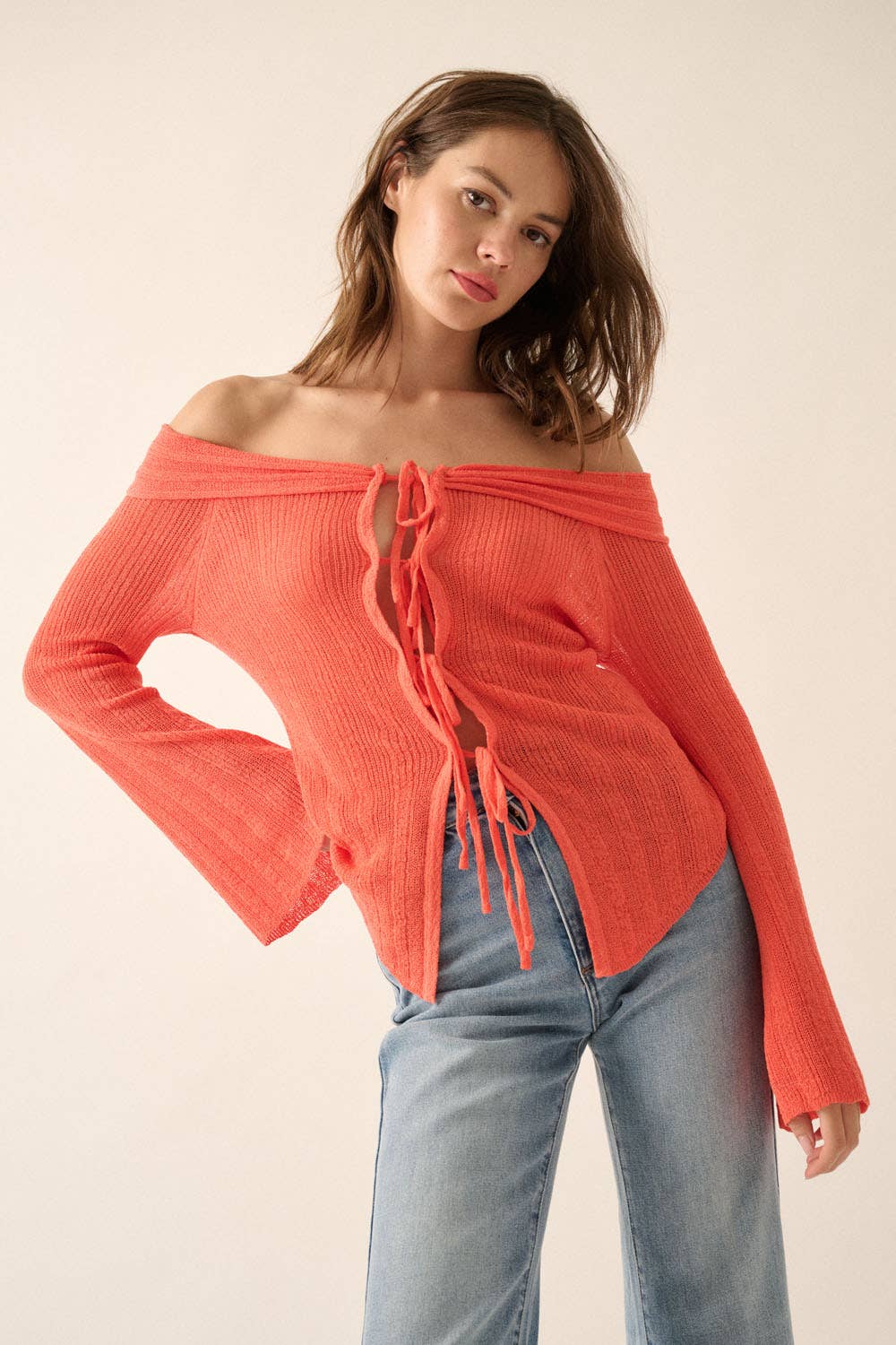 Promesa USA - Wholesale Cardigan - Women's - Ribbed Knit Off-Shoulder Tie-Front Cardigan8