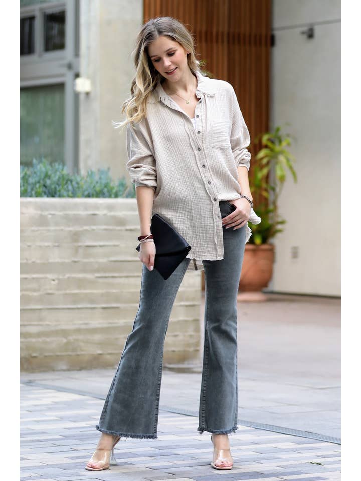 42POPS - Wholesale Button Down Shirt - Women's - ,,,,,..SI-23630 Oversized Raw Edge Shirt W/ Back Patch