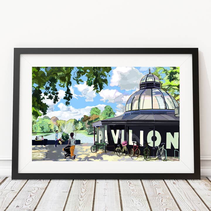 Pavilion Cafe, Victoria Park, East London Illustration Print for wholesale by Tomartacus