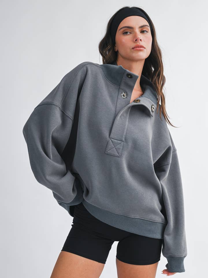 9184HK Oversized Snap Neck Pullover Sweatshirt for wholesale by AEMI + CO