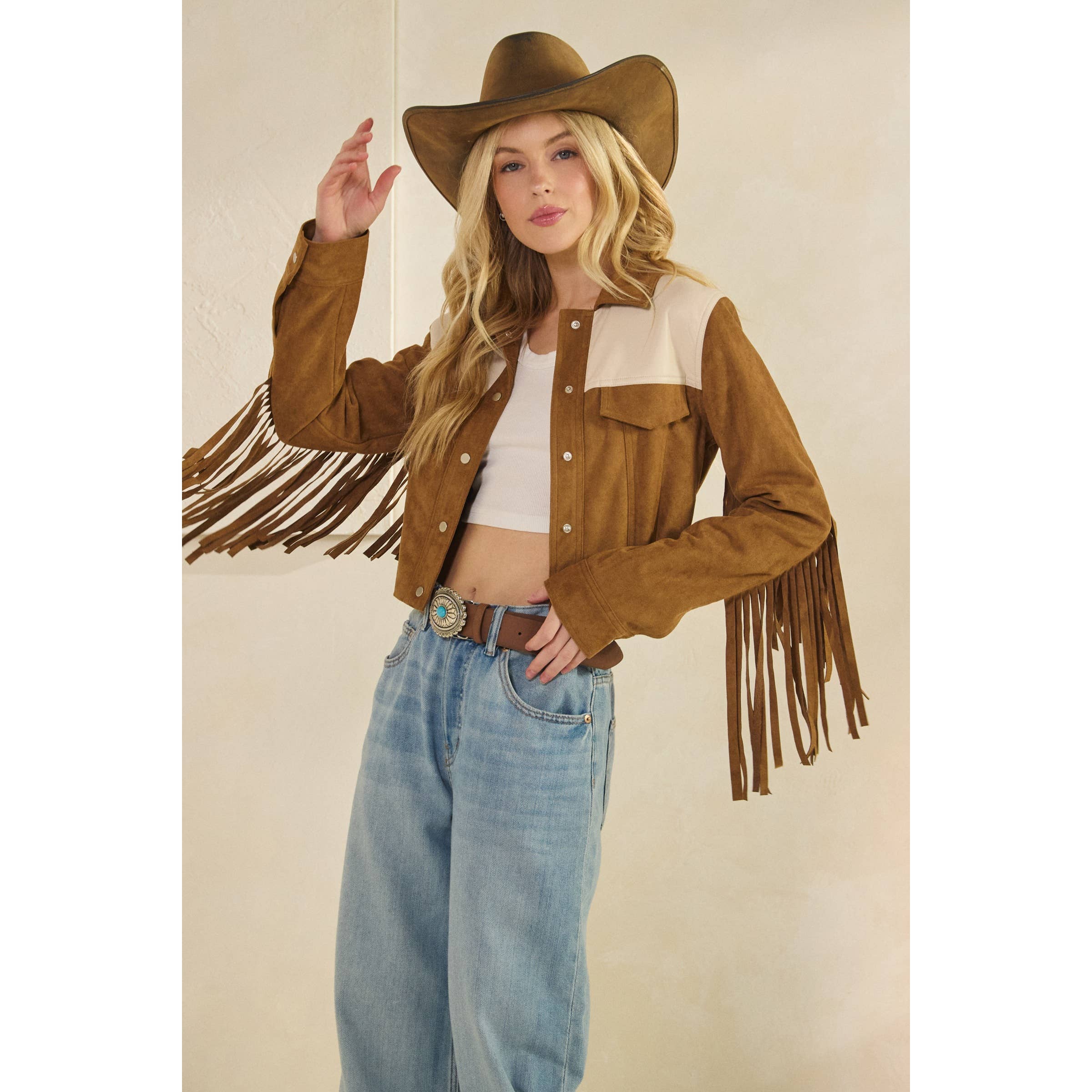 Camel Suede Jacket with Fringe Detail for wholesale on Faire2