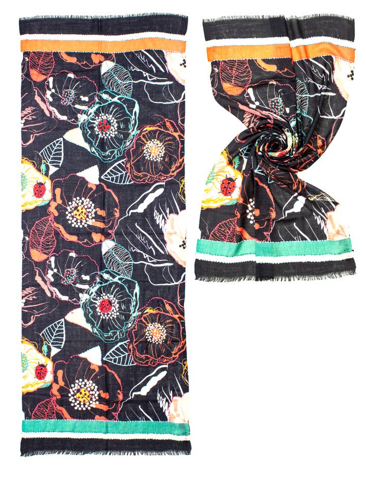 STOLA POP FLOWERS BRODERI 100% WO, 70X180, TILLVERKAD I INDIEN för wholesale av Ayfee