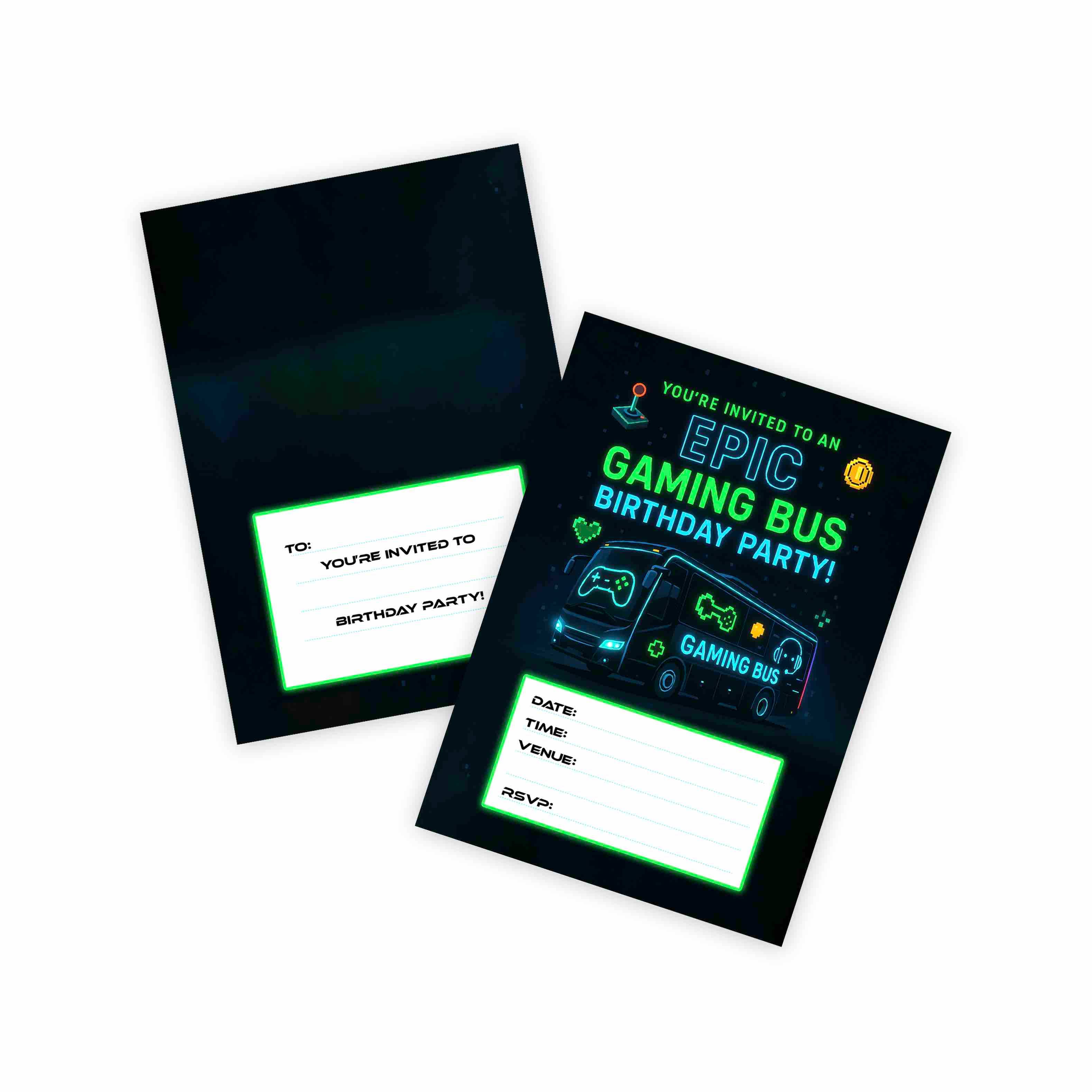 Huxters - Wholesale Birthday Card - Gaming Party Bus Birthday Party Theme Invitation (14-Pack)0