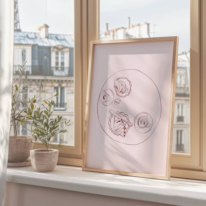Croissant and Coffee Date Fine Art Print for wholesale by Emily M Art and Design