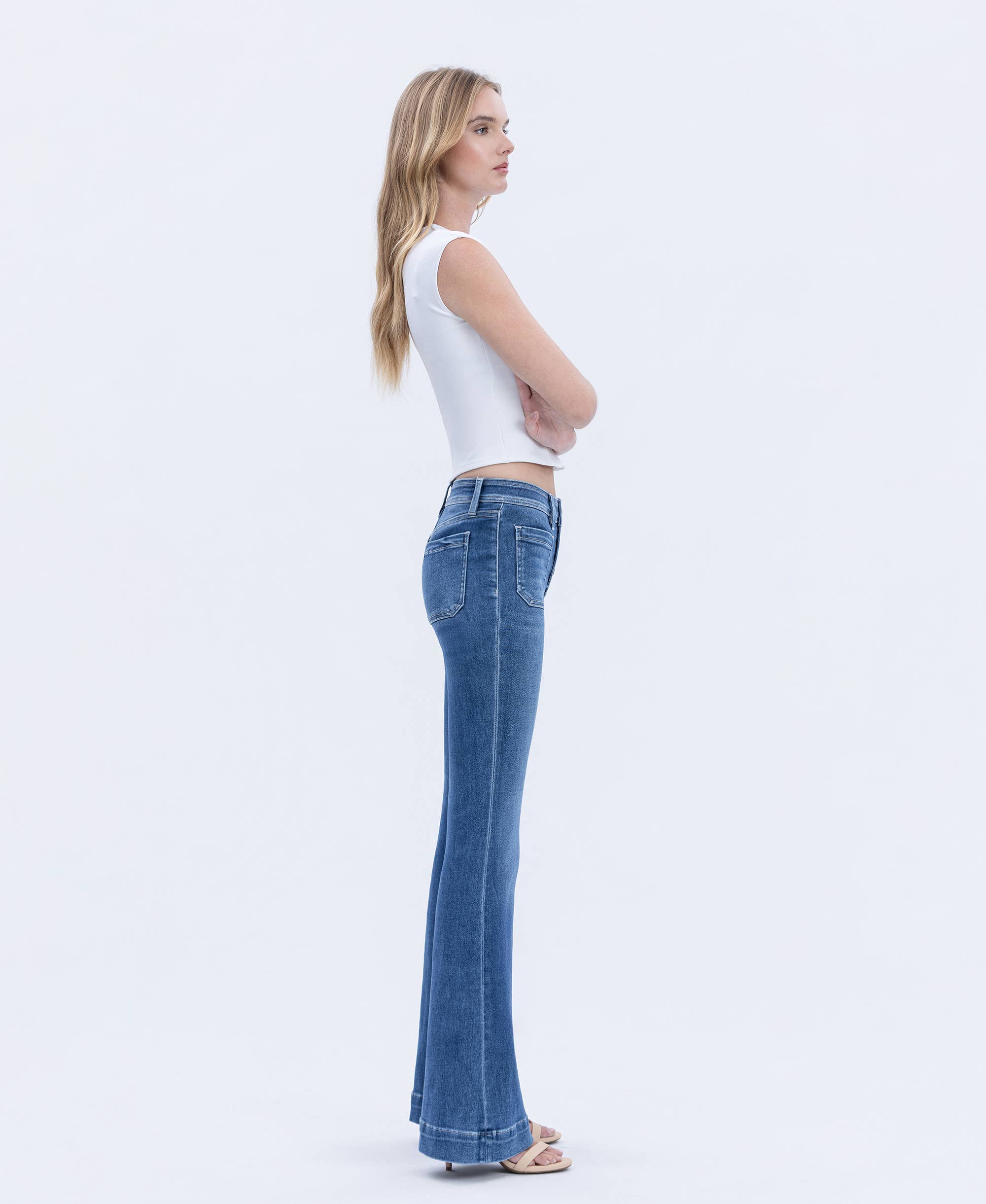 GLEEFULLY MID RISE BUTTON FLY TROUSER HEM FLARE JEANS T5848 for wholesale on Faire5