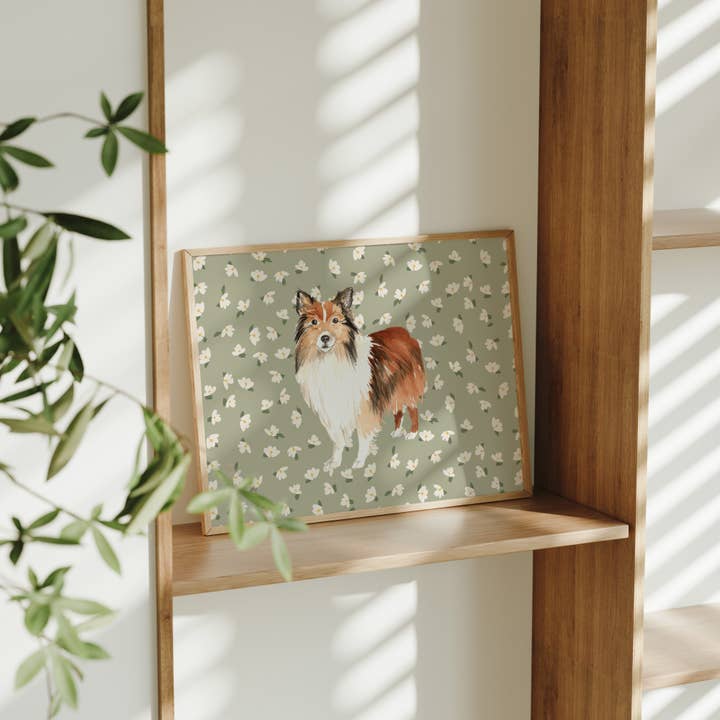 Shetland Sheepdog Print with Sage Floral Background for wholesale by Paperly Creative Co
