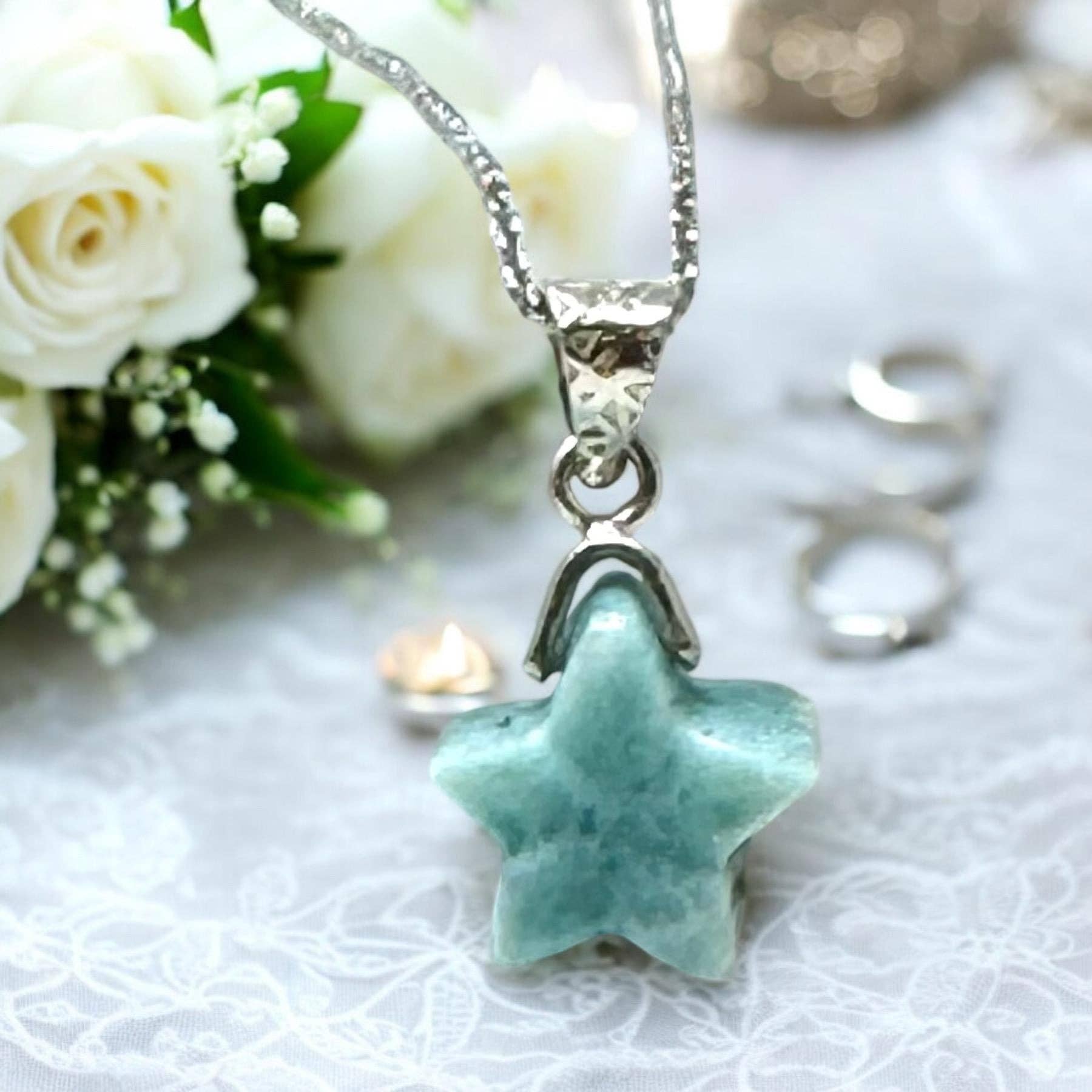 Akstar Gems - Venta al por mayor Collares con colgantes/abalorios - Collar de larimar, piedra de la Atlántida, piedra curativa, estrella de plata, joyería bohemia, joyería bohemia, regalo de joyería de larimar de la República Dominicana, 1,20 x 0,60 pulgadas3