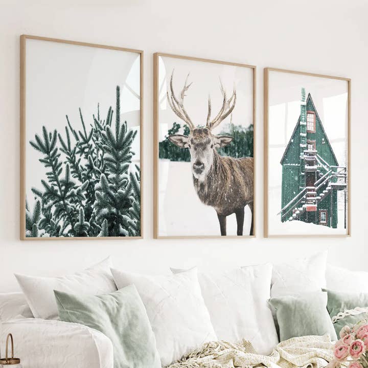 Rustic Christmas Wall Art. Trees, Deer, Green Log Cabin for wholesale by Art Lane