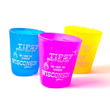 Glow-in-the-Dark Tipsy Wisconsin Shot Glass - Assorted 3ct for wholesale by Mid America