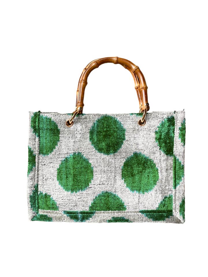 Kleine Tragetasche Ikat aus Seidensamt mit Bambusgriff für den Großhandel von AYCA DESIGN