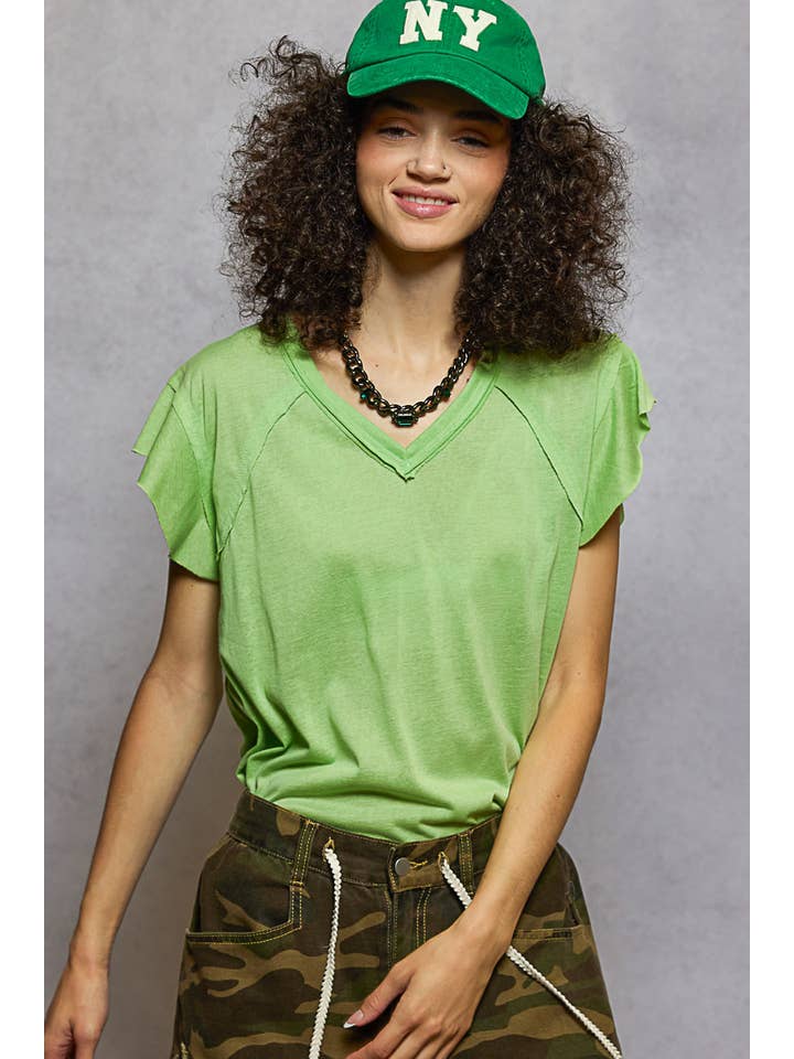 Pol Clothing - Wholesale T-Shirt - Women's - V-neck ruffle short sleeve solid basic cotton top24