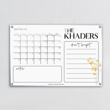 Personalized Family Calendar, Delicate Yellow Flower Monthly Calendar, Acrylic Print Family Calendar Planner for wholesale by Twinkle and Giraffe Designs