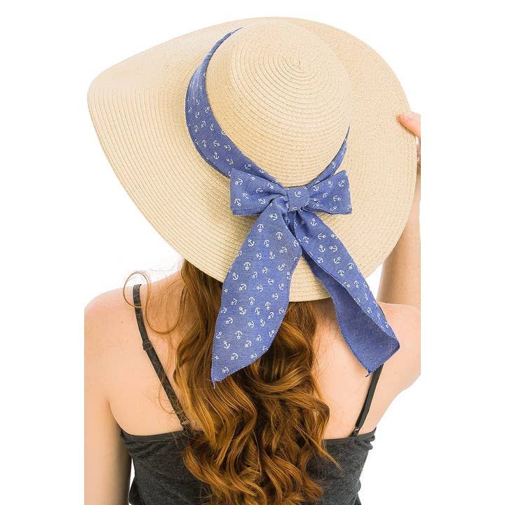 Cap Zone - Wholesale Straw Hat - Women's - Anchor Bow Chiffon Band Floppy Paper Straw Sun Hat