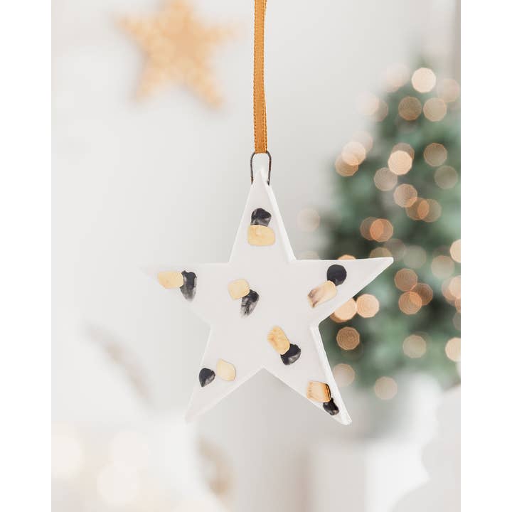 Ceramic Star Ornament With Black and Gold Painted Pattern for wholesale by White Rain Ceramics