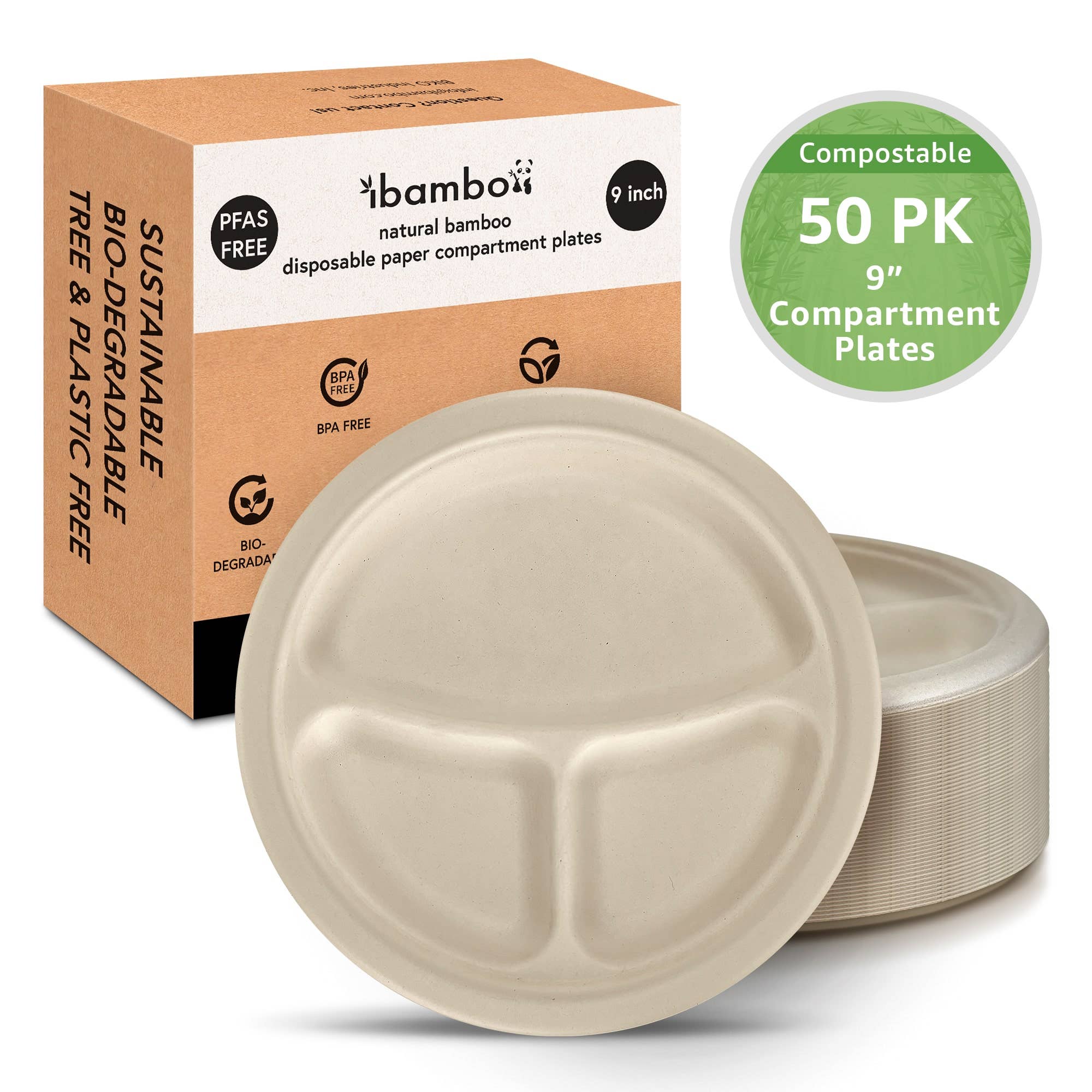Ibambo - Wholesale Disposable Plate - Ibambo Bamboo Disposable Compartment Plates - 9" - 50 Pack0