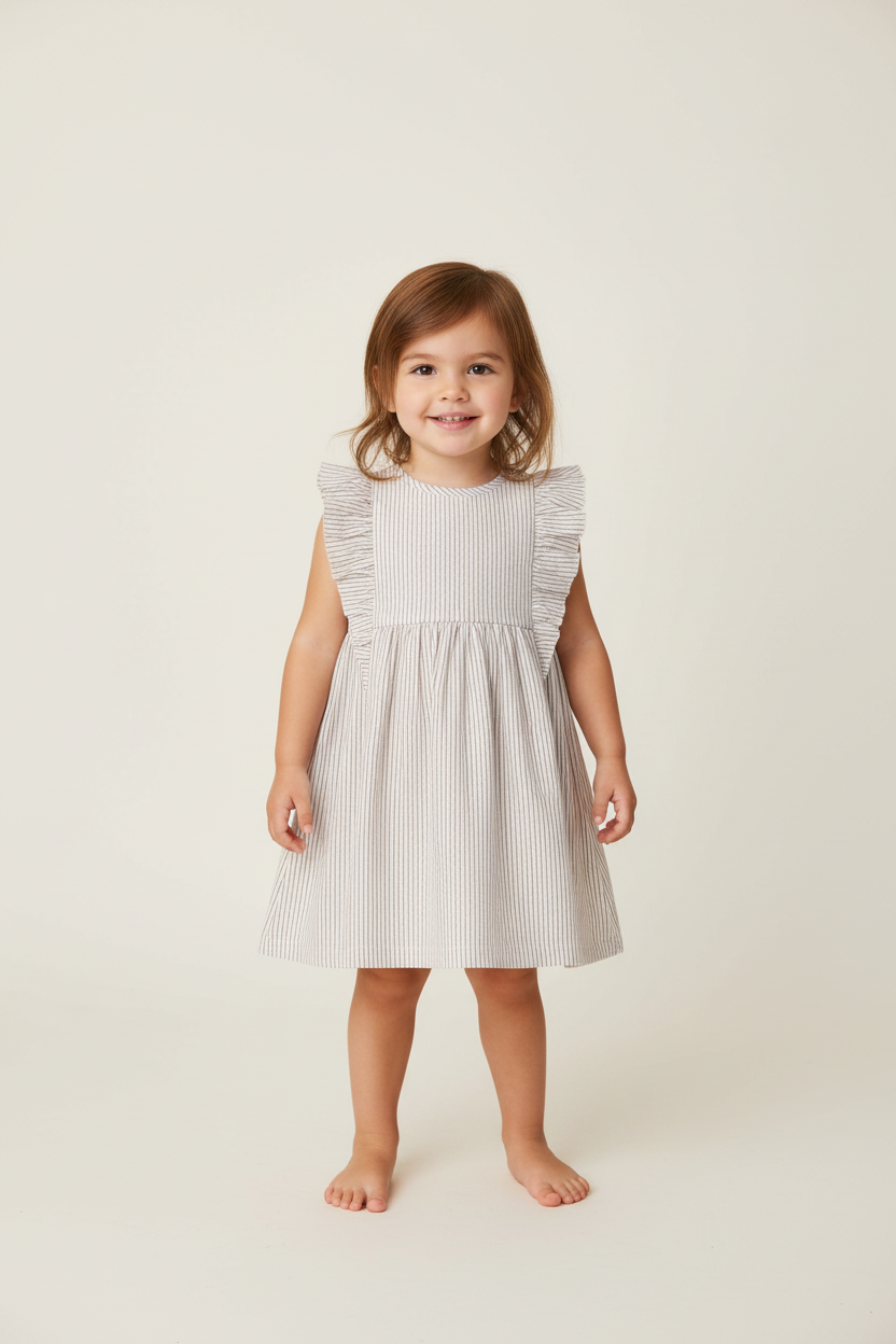 Yo Baby - Wholesale Dress - Kids - Ecru and Grey Pin Stripe Flutter Sleeves Dress1