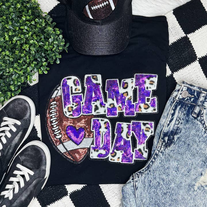Purple Football Leopard & Sequin Tee for wholesale by Trendy Tee Co.