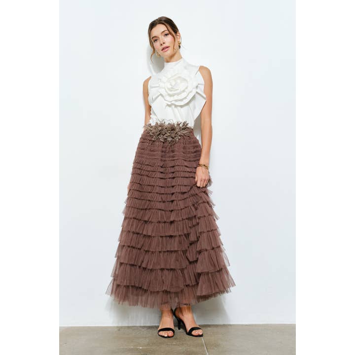 Elegant Sheer Layered 3D Flowers Bids Maxi Skirt for wholesale by INA