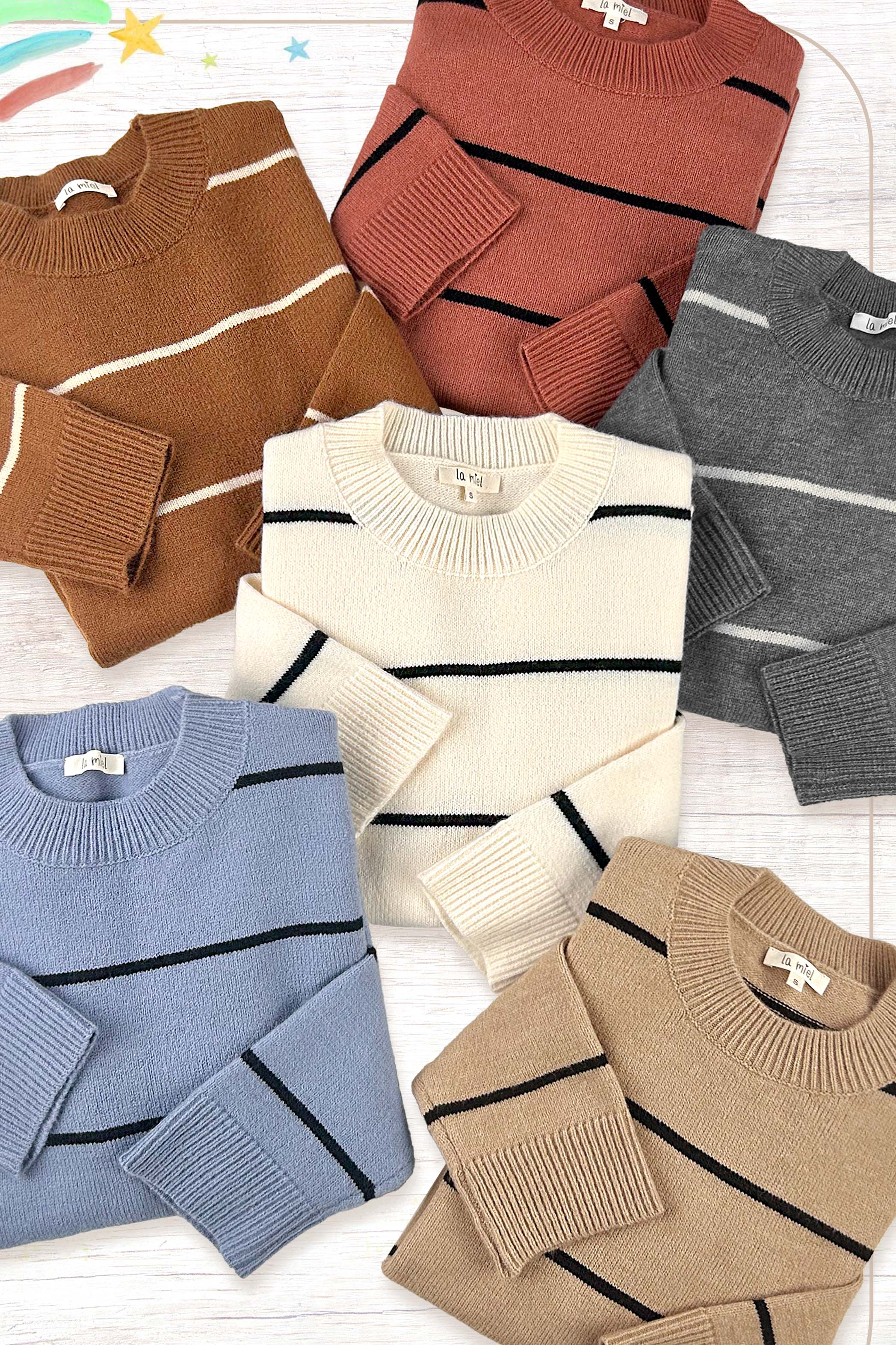 La Miel - Wholesale Knit Sweater - Women's - HCS3553-Loose Fit Stripe Long Sleeve Crewneck Sweater30