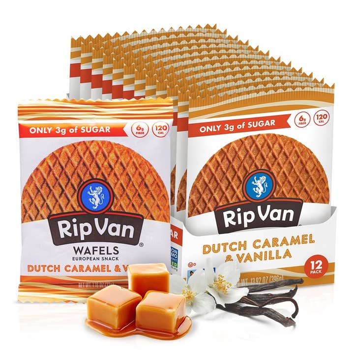Rip Van Wafels Dutch Caramel & Vanilla Stroopwafels 1.16 oz 12 ct for wholesale by Long Island Candy Factory