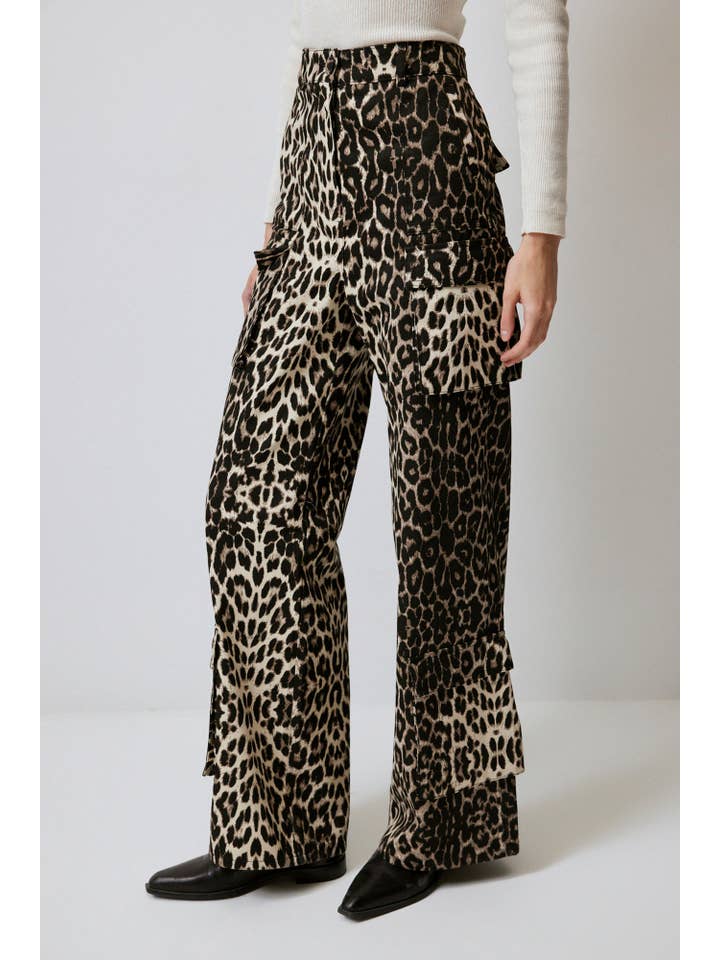 Estampado Pantalones cargo acampanados de algodón con estampado de leopardo de venta al por mayor en Faire1