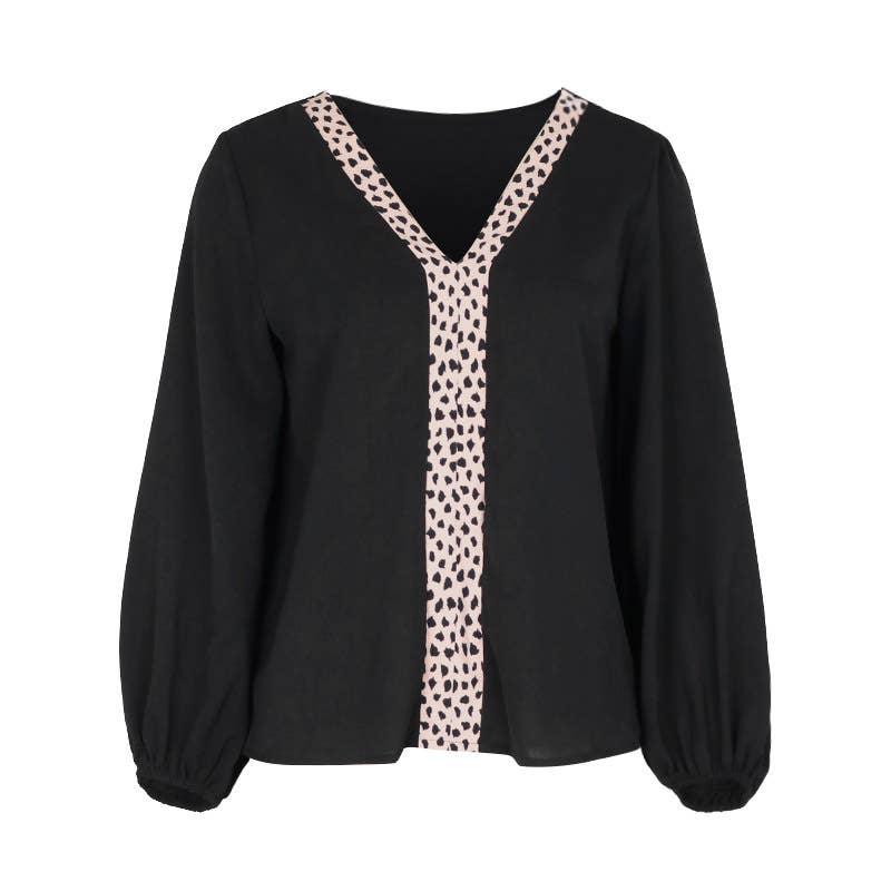 BLACK V-NECK LONG-SLEEVED VINTAGE LEOPARD PRINT SHIRT for wholesale on Faire6