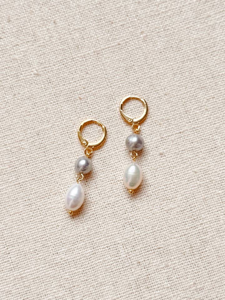 Gold Freshwater Pearl White & Grey Drop Huggie Earrings for wholesale by Gracie Rose Designs