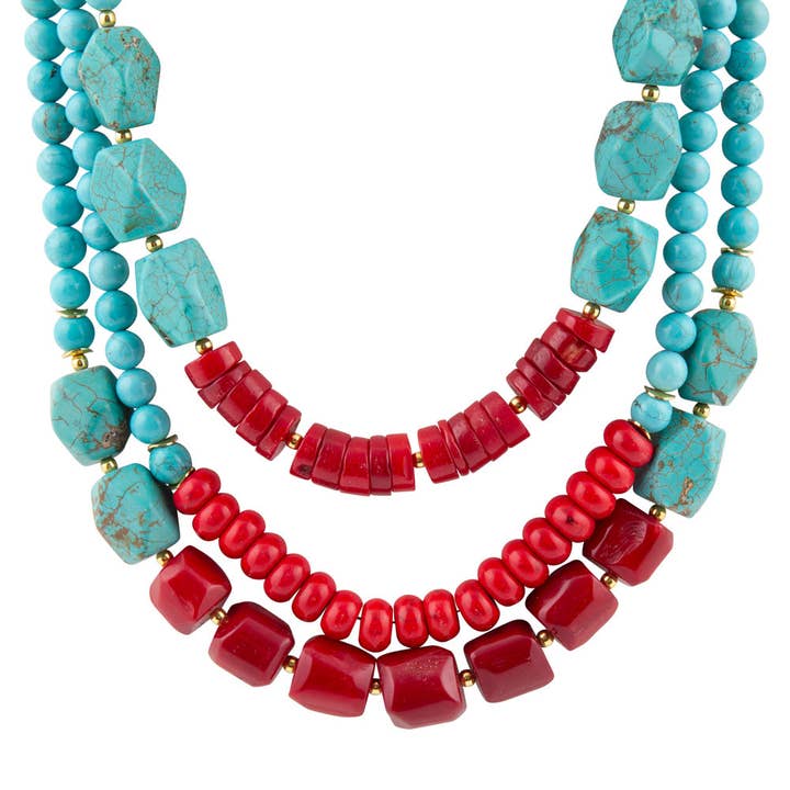 Collier doré imposant Guadalupe en turquoise bleue et corail rouge pour la vente par Barse Jewelry