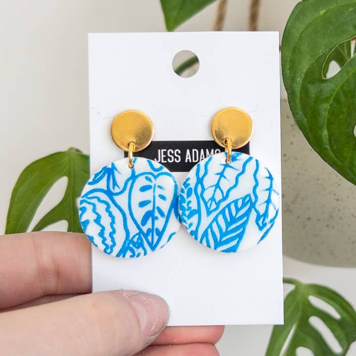 Hvid & blå botanisk Print cirkel øreringe for engroshandel hos Jess Adams Design