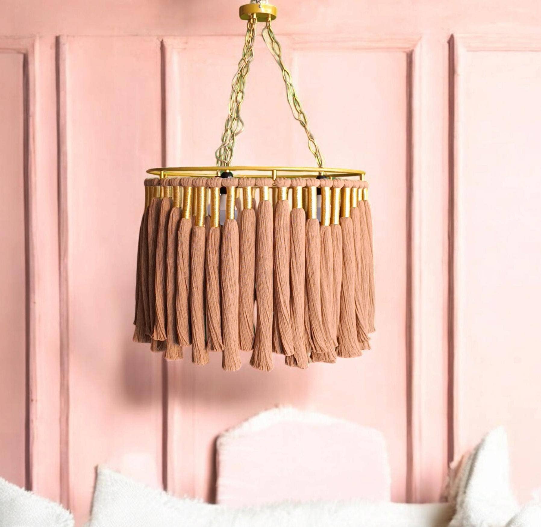 Joy's Arts - Wholesale Chandelier/Hanging Light - Boho Cotton Fringe Chandelier - Macrame Pendant Light, Nursery & Living Room Ceiling Lamp, Gold Accents1