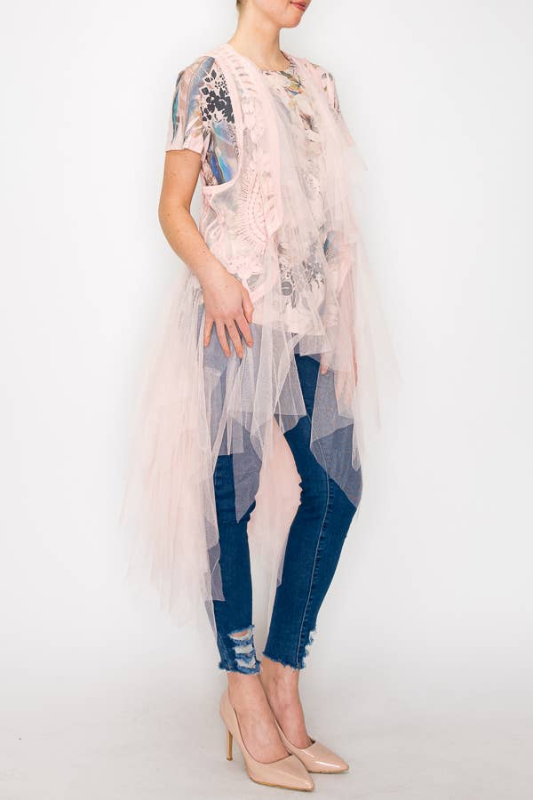 Origami Apparel ~  Lace and Crochet inspired - Wholesale Outerwear Vest - Women's - Embroidered Tulle Mesh Duster Vest- T4066PINK2