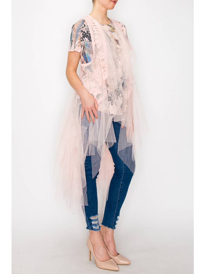 Origami Apparel ~ Lace and Crochet inspired - Wholesale Outerwear Vest - Women's - Embroidered Tulle Mesh Duster Vest- T4066PINK2
