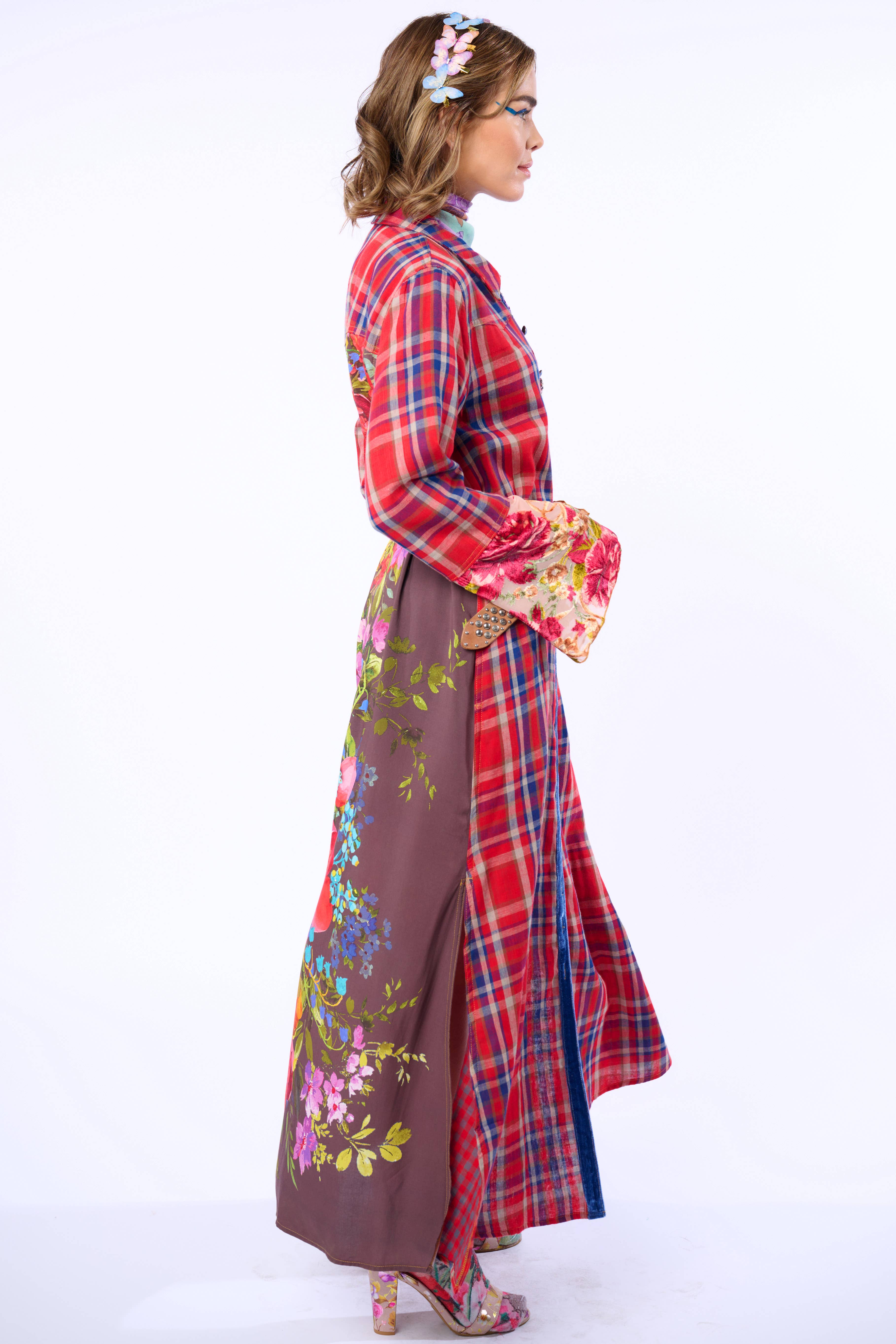 Rode geruite combinatie Anna knoopsluiting Maxi Overhemdjurk / Duster voor groothandel op Faire8