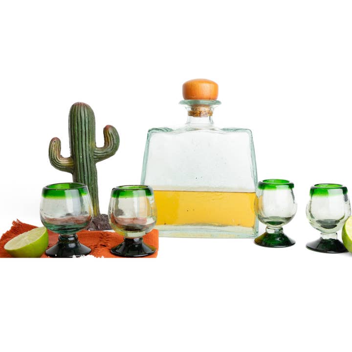 MEXTEQUIL - Wholesale Shot Glass - Hand Blown Shot Glasses Mini Copitas Set of 4- 2Oz- Green Rim8